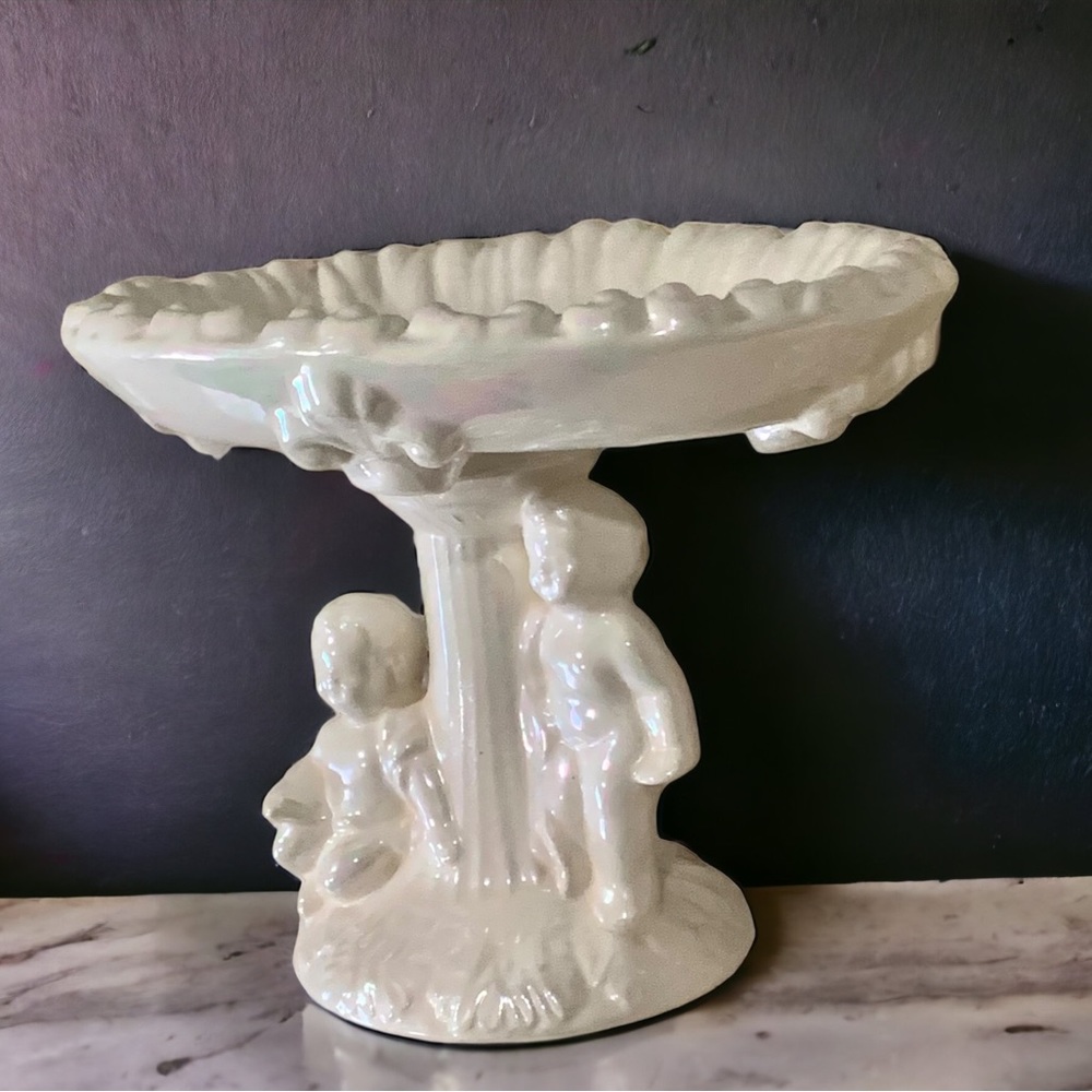 Vintage Pearl Iridescent Pedestal Soap Trinket Dish Cherub Angel 1970s - 5” Tall